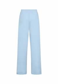 Svetlomodré široké nohavice zo mäkkého materiálu, s elastickým pásom, hladké na dotyk bez viditeľných vzorov alebo ozdôb.
