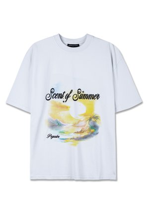 White cotton t-shirt featuring a graphic of a sunset with the text "Scent of Summer" in cursive. Relaxed fit, short sleeves.