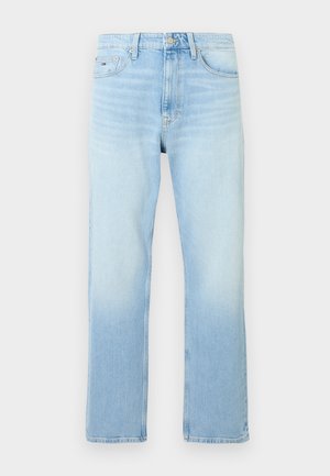 Jasnoniebieskie dżinsy o prostych nogawkach, z pięcioma kieszeniami, zapięciem na guzik i zamek oraz subtelnymi, wyblakłymi detalami.