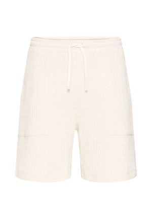 Shorts en tissu blanc texturé avec ceinture élastique et cordon de serrage à l'avant, comportant deux poches latérales.