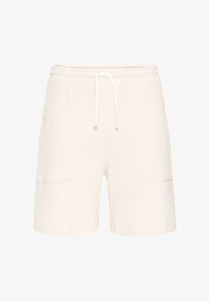 Bijele kratke hlače od teksturiranog tkanja s elastičnim pojasom i prednjim vezicama, s dvije bočne džepa.