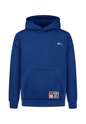 Sudadera con capucha azul de tejido suave, con un bolsillo frontal, puños acanalados y un pequeño logo en el pecho. Incluye una etiqueta en el dobladillo.