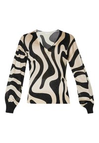 Maglione beige e nero a maniche lunghe con scollo a V, caratterizzato da un motivo a strisce zebra e un leggero effetto glitter. Vestibilità regolare con polsini elasticizzati.