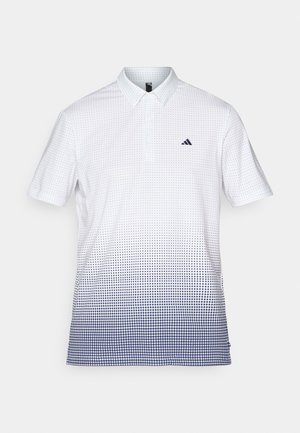 Bijela polo majica s kratkim rukavima i gradient uzorkom točkica u tamnoplavoj boji, s malim tamnoplavim logotipom na lijevoj strani prsnog koša.