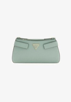 Pochette Guess en cuir texturé vert menthe avec plaque logo dorée et deux larges sangles sur le devant.
