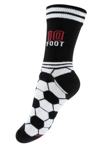 Calzini neri con stampa di un pallone da calcio, motivo esagonale bianco e testo rosso "10 FOOT". Presentano un bordo bianco e nero a strisce nella parte superiore.