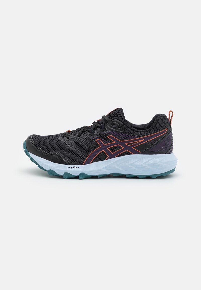 Chaussure de course noire et orange avec semelle intermédiaire blanche et semelle extérieure turquoise, avec tige en mesh et étiquette de coussinage "AmpliFoam" sur la semelle.