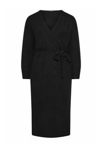 Mustat neulottu kietaisumekko, jossa on V-pääntie, kolmivuoriset hihat ja vastaava solmuvyö vyötäröllä. Sujuva rakenne ja istuva siluetti.