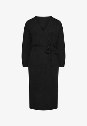 Zwarte gebreide wikkeljurk met een V-hals, driekwartmouwen en een bijpassende strikceintuur in de taille. Gladde textuur met een aansluitende silhoutte.