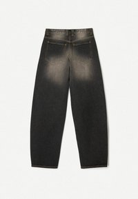 Dark denim jeans with a faded finish, featuring a high waist, five-pocket design, and straight leg cut. Contrast stitching details.