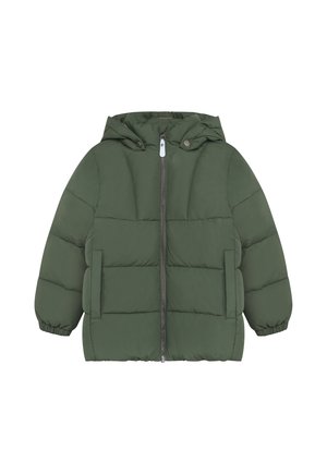 Chaqueta de invierno acolchada verde con capucha, cierre frontal con cremallera, puños elásticos y dos bolsillos laterales.