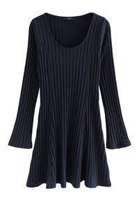 Granatowa prążkowana sukienka z długimi rękawami i dekoltem typu scoop, z rozszerzanym dołem sięgającym nieco poniżej talii.
