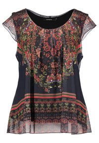 Sort gennemsigtig bluse med farverige blomsterprint i rødt, pink og grønt. Rund halsudskæring, korte cap-ærmer og plisseret forside.