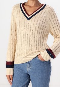 Beige neulepusero, jossa on V-aukko ja tummansinisiä sekä viininpunaisia raidallisia yksityiskohtia kauluksessa ja hihoissa. Rypytetty helma ja hihat.