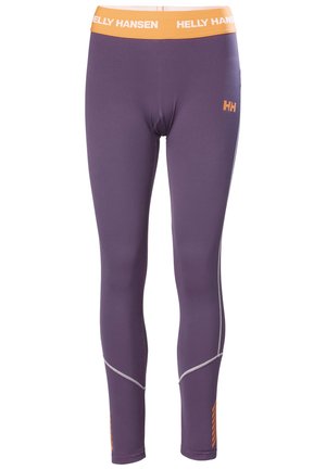 Fialové legíny s oranžovým pasem, vyrobené z texturovaného materiálu, s kontrastním prošíváním a nenápadným detailem loga na stehně.