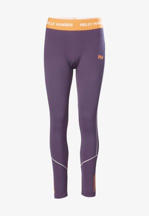 Fialové legíny s oranžovým pasem, vyrobené z texturovaného materiálu, s kontrastním prošíváním a nenápadným detailem loga na stehně.