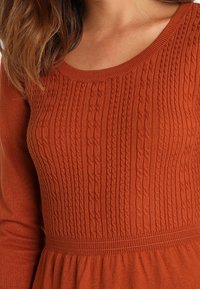 Pull de couleur rouille avec un tricot texturé présentant des motifs torsadés. Il a un décolleté en forme de goutte et un corsage ajusté se terminant par un ourlet évasé.