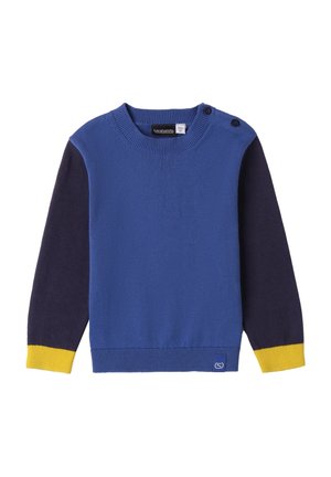 Blauer Pullover mit navyfarbenen Ärmeln, gelben Bündchen und rundem Ausschnitt. Verfügt über seitliche Knopfdetails und ein Logo am unteren Saum. Glatte Textur.