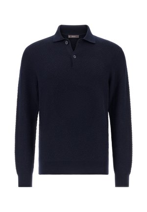 Maglione polo blu navy in tessuto a maglia texturizzato, con colletto classico, pattina con tre bottoni e polsini a coste.