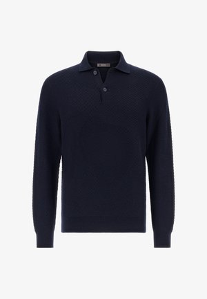 Pull en polo bleu marine en tissu tricoté texturé, avec un col classique, une patte de boutonnage à trois boutons et des poignets côtelés.