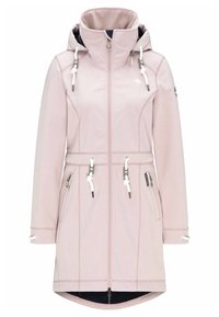Water-resistant pink jacket with a high collar, adjustable drawstrings, zippers, and pockets. Features a fitted design and a longer back hem.