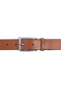 Brauner Ledergürtel mit einer silbernen rechteckigen Schnalle, die entlang des Riemens gleichmäßig verteilte Löcher für eine verstellbare Größe aufweist. Glatte Textur.