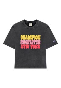 Czarny bawełniany t-shirt z krótkim rękawem, z retro nadrukiem w kolorze żółtym, różowym i czerwonym, na którym widnieje napis "Champion Rochester New York."
