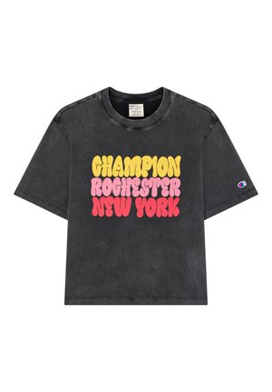 Czarny bawełniany t-shirt z krótkim rękawem, z retro nadrukiem w kolorze żółtym, różowym i czerwonym, na którym widnieje napis "Champion Rochester New York."