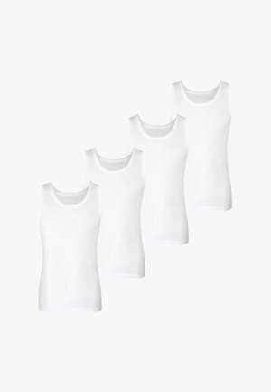 Neljä identtistä valkoista tanktopaita on esillä rivissä, esittäen yksinkertaista ja klassista muotoilua, joka sopii rentoon käyttöön.