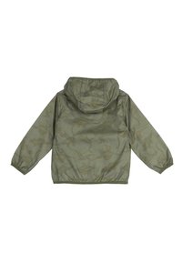 Grøn, let jakke med hætte. Har et diskret dinosaurmønster, elastiske manchetter og kant. Glat tekstur, afslappet design.
