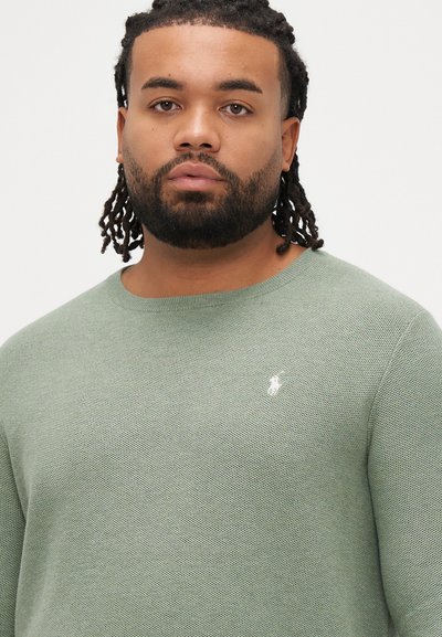 Πράσινο πλεκτό πουλόβερ με στρογγυλή λαιμόκοψη, υφασμένο ύφασμα και μικρό λευκό λογότυπο στην αριστερή πλευρά του στήθους. Μεσαίου βάρους και casual εφαρμογή.
