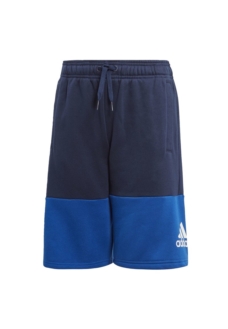 Navy and blue sports shorts made of soft fabric. Elastic waistband with drawstring. Features white Adidas logo on the lower right.