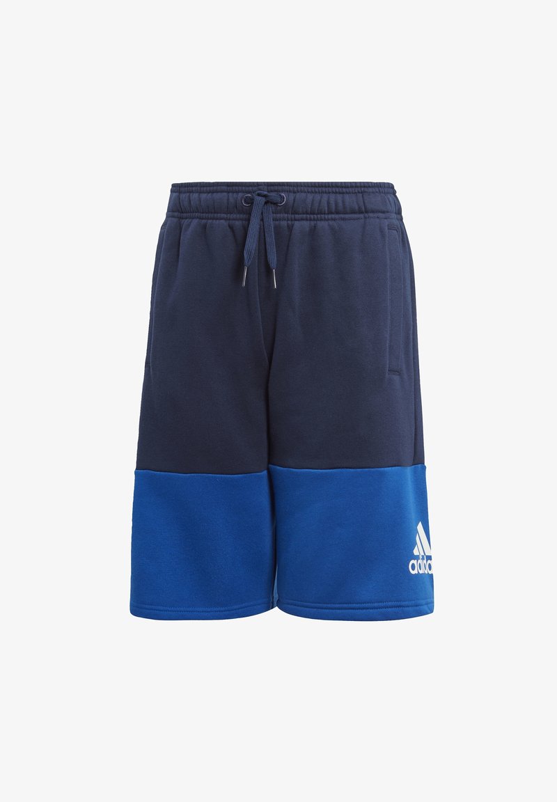 Shorts de sport bleu marine en tissu doux. Taille élastique avec cordon de serrage. Présente le logo Adidas blanc en bas à droite.