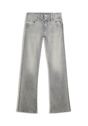Jean en denim gris délavé avec fermeture double bouton, poches avant et jambes légèrement évasées, posé à plat sur fond blanc.