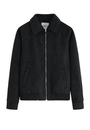 Veste zippée en laine noire avec col, deux poches avant et ourlet et poignets côtelés.