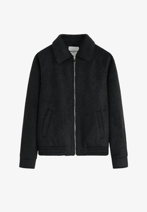 Veste zippée en laine noire avec col, deux poches avant et ourlet et poignets côtelés.