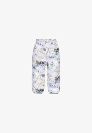 Padded winter pants in light blue with a polar bear print. Features an elastic waistband and a quilted texture for insulation.