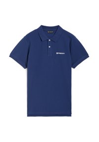 Polo blu navy in cotone con colletto classico, due bottoni, maniche corte e logo bianco sul lato sinistro.