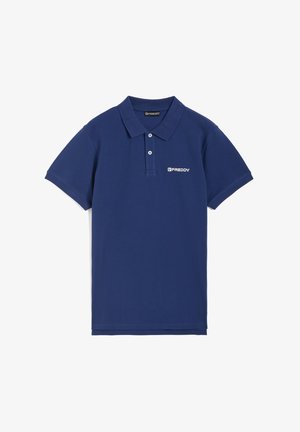 Polo shirt bleu marine en coton avec un col classique, deux boutons, des manches courtes et un logo blanc sur le côté gauche.