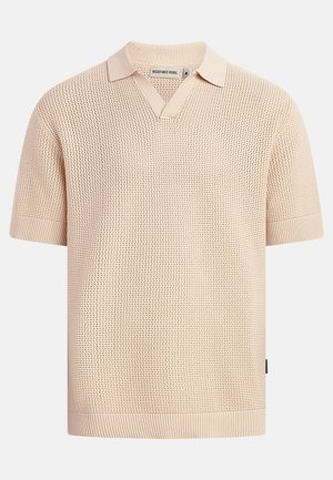 Beige short-sleeve knit polo shirt with textured waffle pattern, ribbed cuffs and hem, and a small collar with a V-neck opening.