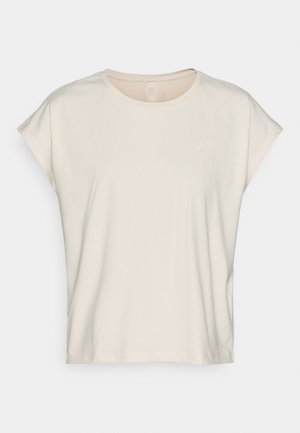 Šviesiai smėlio spalvos trumpomis rankovėmis marškinėliai iš minkštos medžiagos, suapvalintu kaklu ir laisvo silueto, su paprasta logotipo detale ant krūtinės.