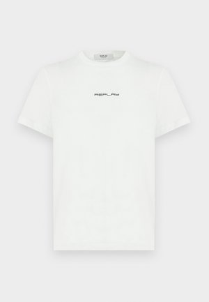 Valkoinen puuvillapaita, jossa on lyhyet hihat ja pyöreä kaula-aukko. Rinnassa musta "REPLAY" -logo. Sileä rakenne.