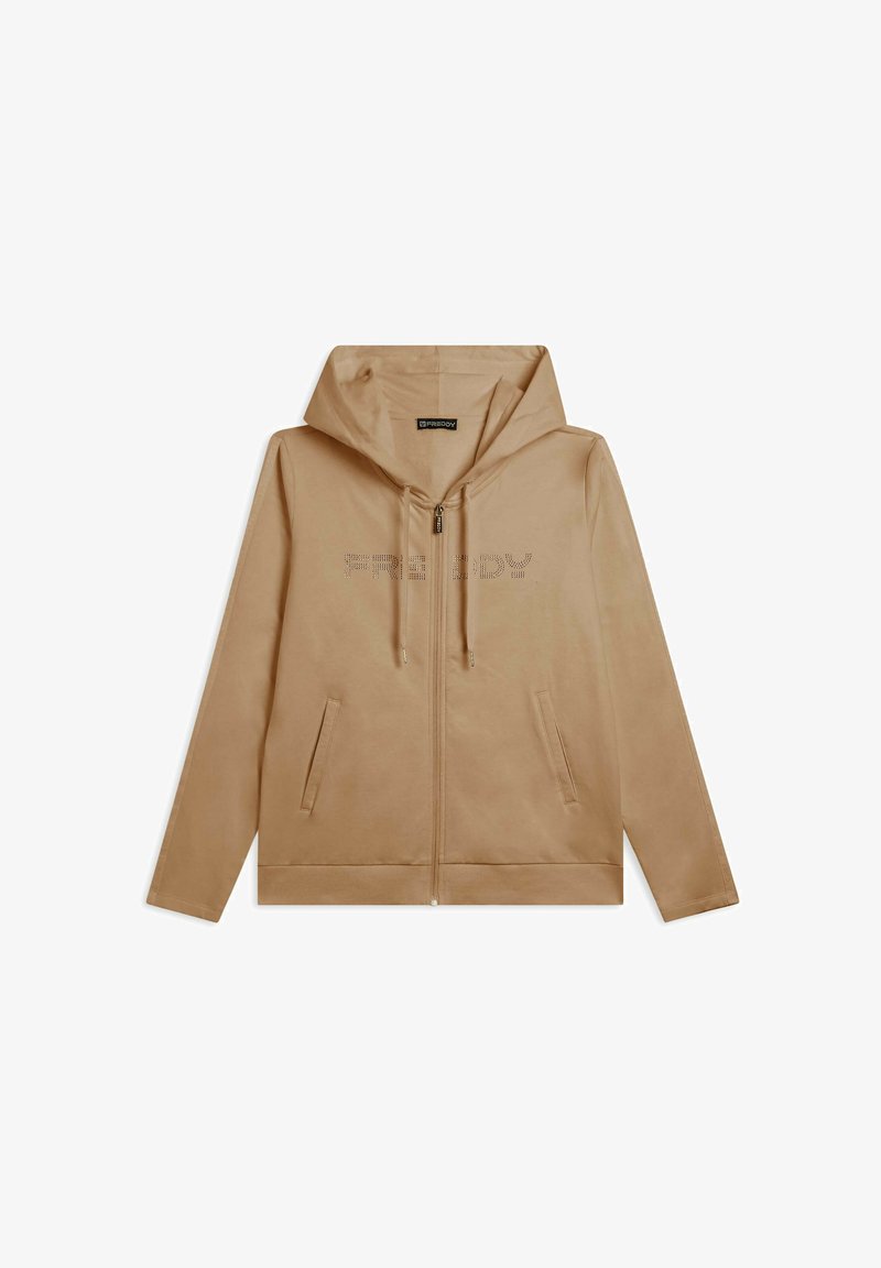 Giacca con zip beige con cappuccio, dotata di tasche laterali e cordini, caratterizzata dal testo "FREDDY" in piccoli punti perforati sul petto.