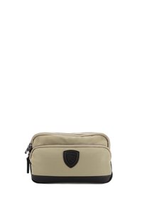 Borsetta con cerniera realizzata in tessuto beige con dettagli neri. Presenta due scomparti e una toppa con logo. Texture liscia e design compatto.