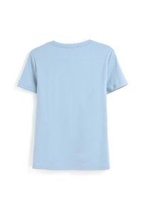 T-shirt bleu clair à manches courtes avec col rond, vu de dos sur fond blanc.