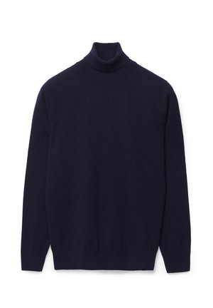 Marinblå turtleneck tröja i mjukt stickat material, med långa ärmar, en åtsittande krage och ribbade detaljer vid nederkant och ärmslut.