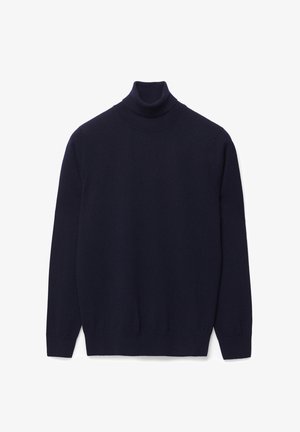 Marinblå turtleneck tröja i mjukt stickat material, med långa ärmar, en åtsittande krage och ribbade detaljer vid nederkant och ärmslut.