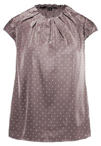 Zijdeachtige, mauve blouse met korte mouwen, geplooide halslijn en witte stippen. Heeft een knoopsluiting aan de voorkant en zijsplitten.