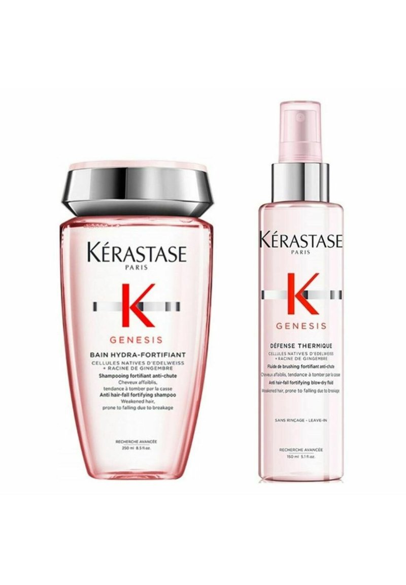 Kérastase Genesis Shampoo und Leave-in Behandlung in rosa Flaschen. Das Shampoo ist hoch und hat einen silbernen Deckel; die Behandlung ist kürzer und hat einen Sprühkopf.