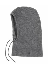 Knitted gray balaclava with a ribbed texture, adjustable drawstrings, and a small logo detail. Soft and fitted design for warmth.